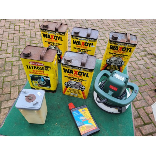 113 - A quantity of cans of Waxoyl and Tetrosyl rustproofing fluid, and a rotary car polishing machine, bo... 