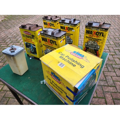 113 - A quantity of cans of Waxoyl and Tetrosyl rustproofing fluid, and a rotary car polishing machine, bo... 