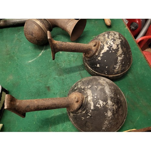 121 - Two Vintage Car Headlamps, an electric car horn, a Dunlop No.2 stirrup pump. (4 items)