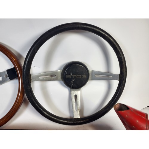 138 - A Mountney Wood Rimmed Steering Wheel, 34cm and a Triumph Stag steering wheel, along with sundry oth... 