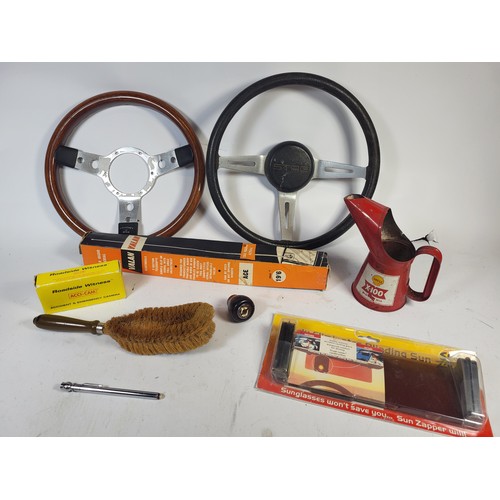 138 - A Mountney Wood Rimmed Steering Wheel, 34cm and a Triumph Stag steering wheel, along with sundry oth... 