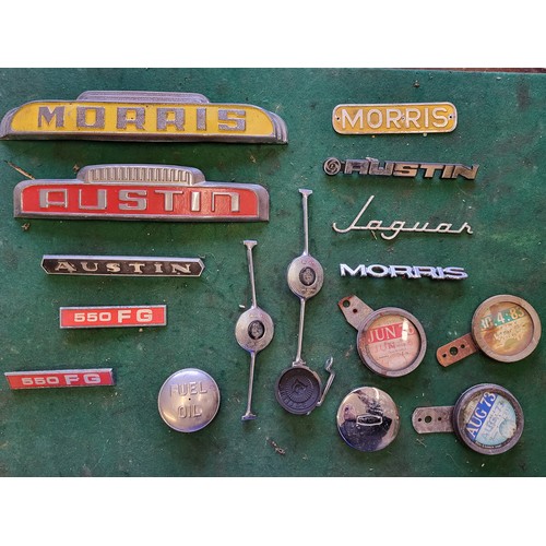 117 - A box of car badges, including Austin, Morris, Jaguar. (1 box)