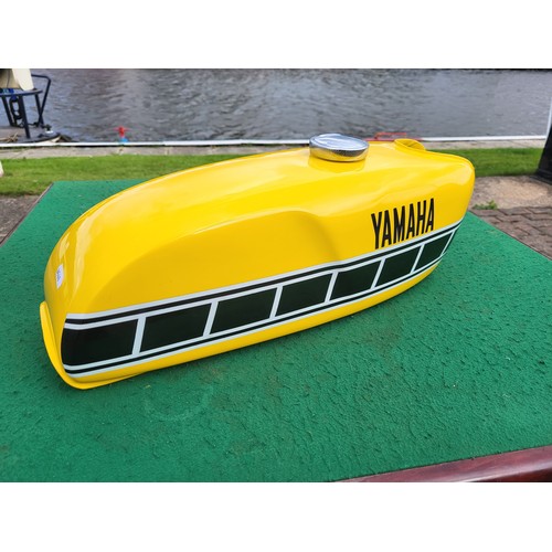 141 - Petrol tank for Yamaha FS-1E refinished in Competition Yellow with Speed Block decals. (1 item)