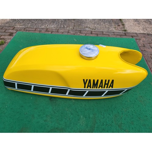 141 - Petrol tank for Yamaha FS-1E refinished in Competition Yellow with Speed Block decals. (1 item)