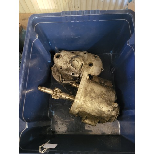 149 - Several boxes of motorcycle engine parts, to include a Triumph T100 bottom end unit, a gearbox, prim... 