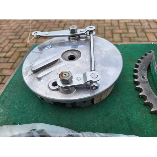 198 - Motorcycle Spares believed to be Triumph, including a Twin Leading Shoe Brake plate built up with ne... 