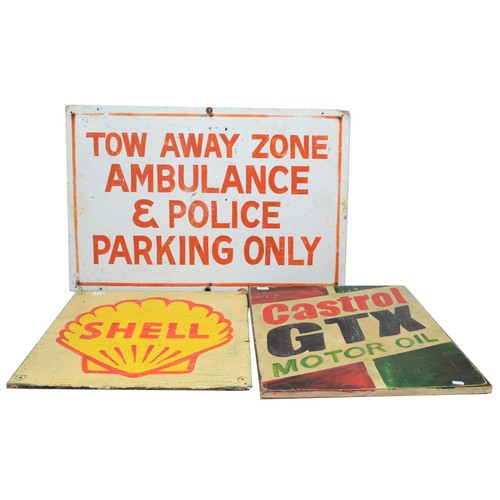 56 - A Shell sign, painted on plywood, approximately 55x56cm, a Tow Away Zone Sign, Alloy plate on plywoo... 