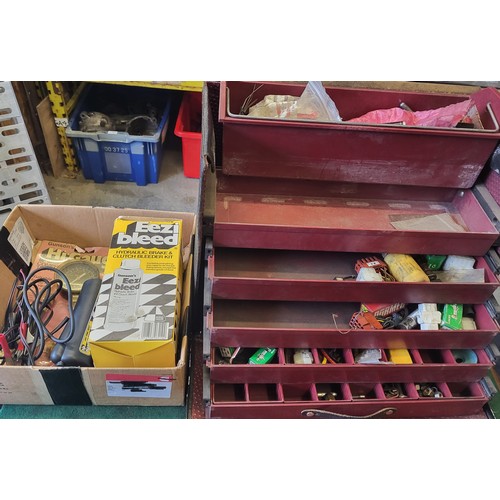 114 - A Boss Forklift toolbox with some small tools and spares, a compression tester, a strobe timing ligh... 