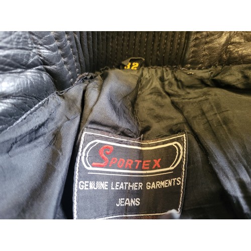 79 - Three pairs of leather motorcycle trousers;
Sportex size 32, Akito size 34, J&S size 38