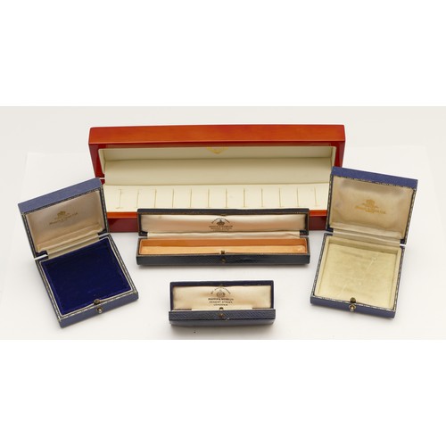 15 - Four vintage Mappin & Webb jewellery boxes and a wooden 12 ring box.