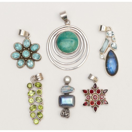 23 - Six silver and gemset pendants, to include garnet and peridot, the largest 50mm, 54gm