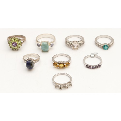 29 - Eight various silver and gemset rings, including lapis and quartz,  J - R, 28gm