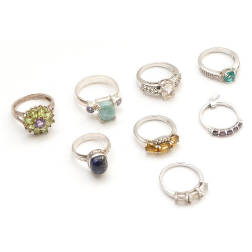 29 - Eight various silver and gemset rings, including lapis and quartz,  J - R, 28gm