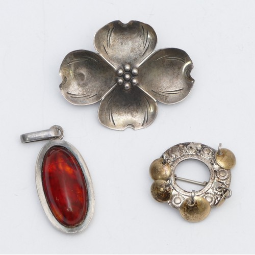 30 - Two Scandinavian silver brooches and an amber set pendant, 11gm