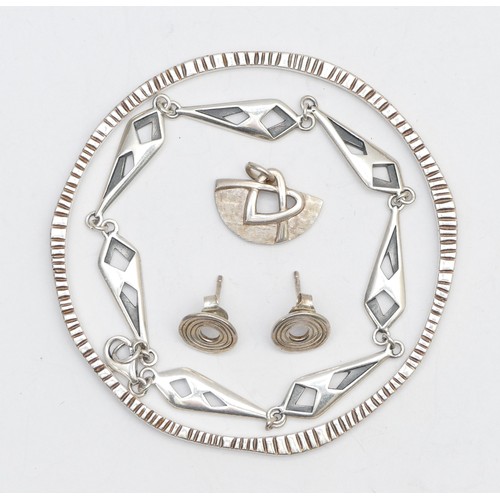 41 - Malcolm Gray, a silver bangle, bracelet and ear studs, together with an Ola Gorie pendant, 21gm