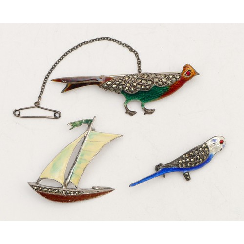 50 - Three silver, enamel and marcasite brooches, 15gm