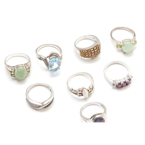 51 - Eight various silver and gemset rings, including opal and garnet, O - R, 36gm