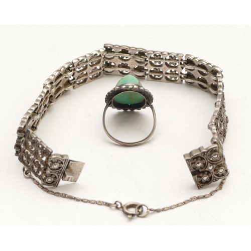 55 - An Art Deco unmarked silver and marcasite bracelet, 18cm and a silver, turquoise and marcasite ring,... 