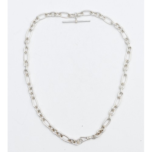 58 - A silver watch albert type T bar necklace, 48cm, 52gm