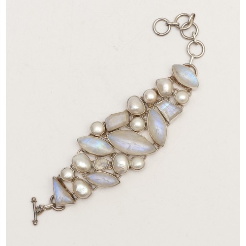 62 - A silver, moonstone and cultured pearl bracelet, 18.5cm, 64gm