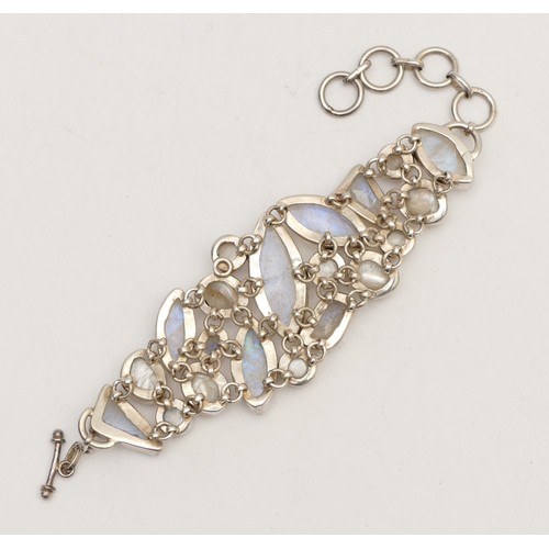 62 - A silver, moonstone and cultured pearl bracelet, 18.5cm, 64gm