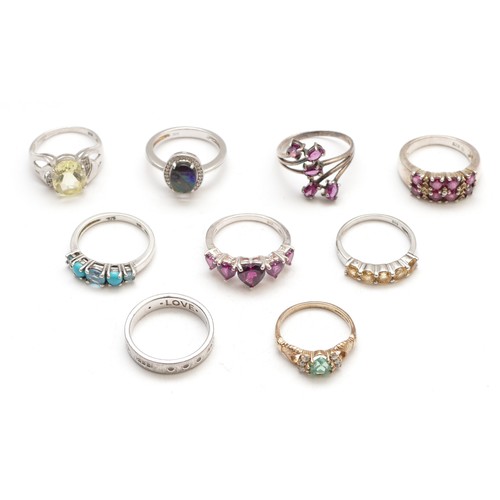 76 - Eight various silver gemset rings, including topaz and garnet, M - P, 30gm