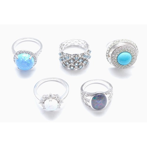 80 - Five various silver and gemset rings, including opal and topaz, Q - T, 29gm