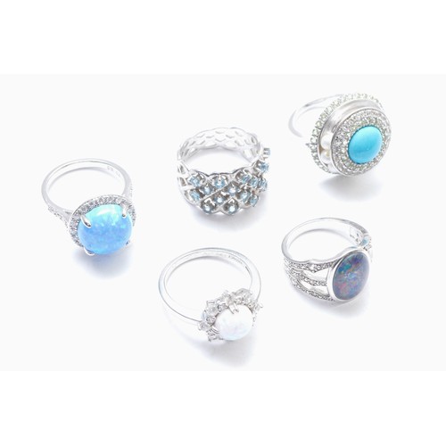 80 - Five various silver and gemset rings, including opal and topaz, Q - T, 29gm