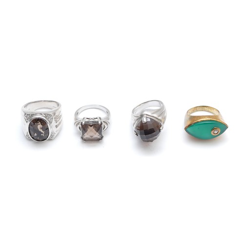 81 - Four silver/silver gilt gemset rings, including chrysoprase and smokey quartz, P - T, 42gm