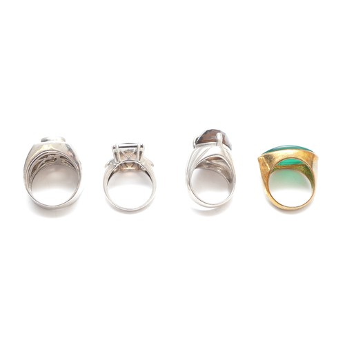 81 - Four silver/silver gilt gemset rings, including chrysoprase and smokey quartz, P - T, 42gm