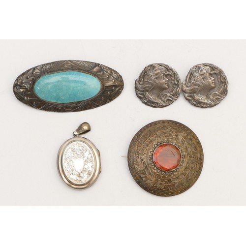 82 - A pewter and Ruskin panel brooch, 65mm, a Victorian silver back and front locket and two brooches