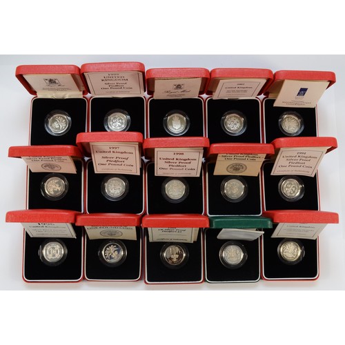 101 - Royal Mint, a collection of fifteen sterling silver proof £1 coins to include several Piedfort versi... 