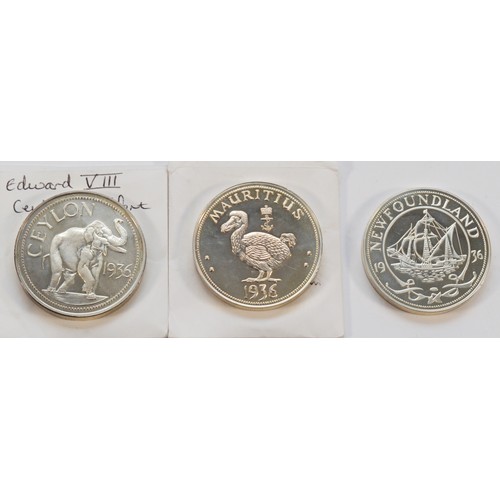 110 - Three silver proof Ceylon Piedfort coins to include Newfoundland, Edward VIII and a Mauritius versio... 