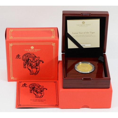 UNITED KINGDOM. Elizabeth II, 1952-2022.
Gold 100 pounds, 2022. Royal Mint. Proof.
Royal Mint's Shengxiao Collection - a coin series dedicated to the Chinese Lunar calendar. Traditional traits of those born in the Year of the Tiger are courageous, confident and brave. 
Fifth, crowned head of Queen Elizabeth II right; JC below; ELIZABETH II · D · G · REG · F · D · 100 POUNDS ·. Design by David Lawrence. / Prowling Tiger; Chinese character top centre; inscription above; YEAR OF THE TIGER· 2022.  Edge milled.
Comes with the original box as issued by the Mint and the certificate of authenticity (COA).

Diameter: 32.69 mm.
Weight: 31.21 g. (AGW=1 oz.)
Composition: 999.0/1000 Gold.
Number: 636/898