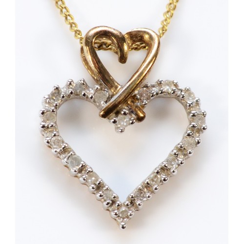 A 9ct gold diamond heart shaped pendant with chain, 16mm pendant length, 1.9g