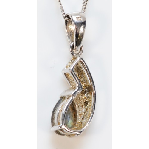 580 - A 9ct white gold labradorite and white gemstone pendant with chain, 15mm pendant length, 3g