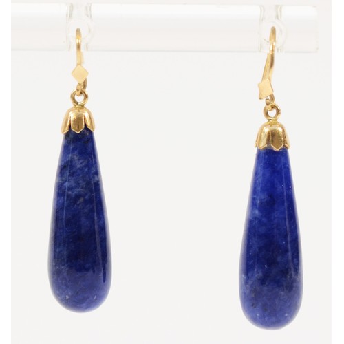 585 - A pair of 9ct gold blue hardstone hook earrings, 20mm drop, 2.5g