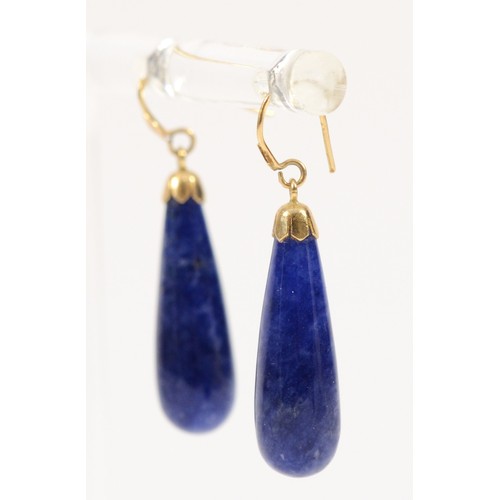 585 - A pair of 9ct gold blue hardstone hook earrings, 20mm drop, 2.5g