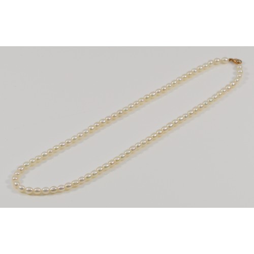 589 - A 9ct gold clasp cultured pearl necklace, 5mm diameter pearls, 14.2g