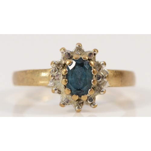 596 - A 9ct gold blue topaz and diamond cluster ring, L, 3g