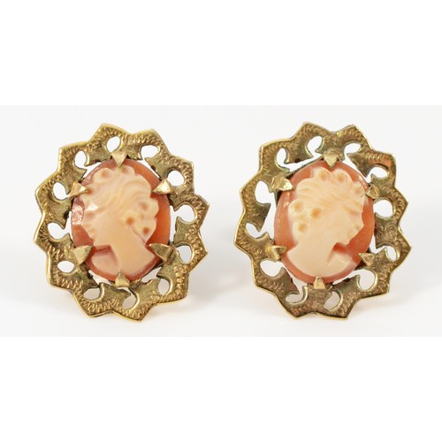 606 - A pair of 9ct gold vintage shell cameo earrings with scroll backs, 15mm x 13mm, 2.2g