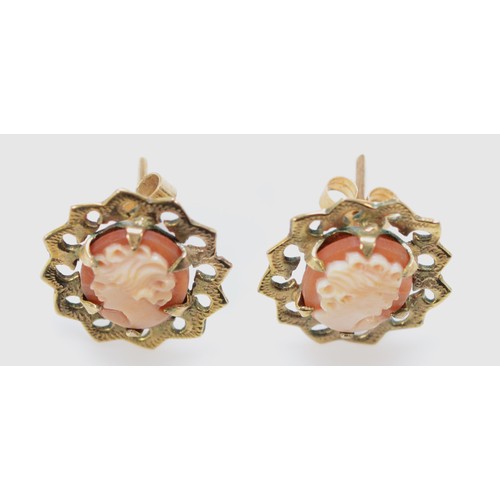 606 - A pair of 9ct gold vintage shell cameo earrings with scroll backs, 15mm x 13mm, 2.2g