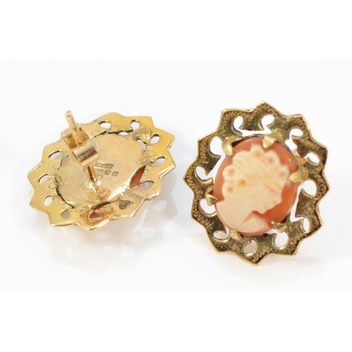 606 - A pair of 9ct gold vintage shell cameo earrings with scroll backs, 15mm x 13mm, 2.2g