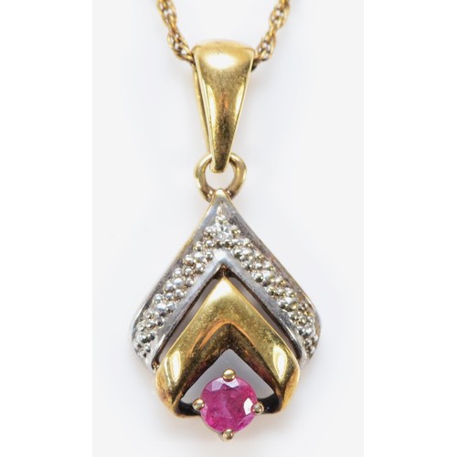 607 - A 9ct gold ruby and diamond pendant with chain, 13mm pendant length, 2g