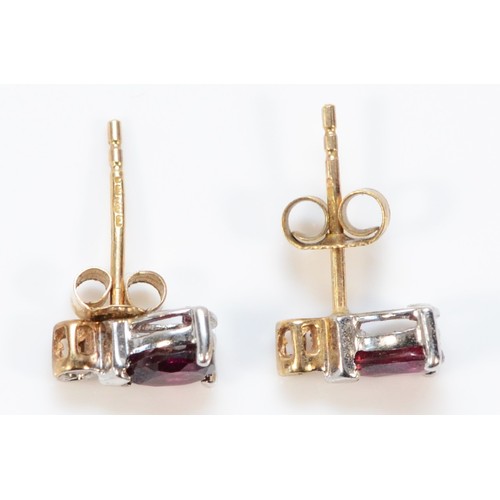 619 - A pair of 9ct gold diamond and red gemstone earrings with scroll backs, 1g