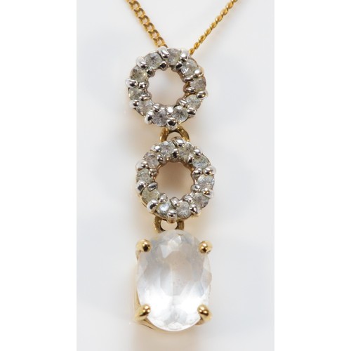 624 - A 9ct gold morganite and white sapphire drop pendant with chain, 23mm total pendant length, 2.2g