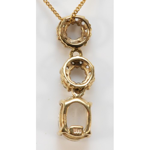 624 - A 9ct gold morganite and white sapphire drop pendant with chain, 23mm total pendant length, 2.2g