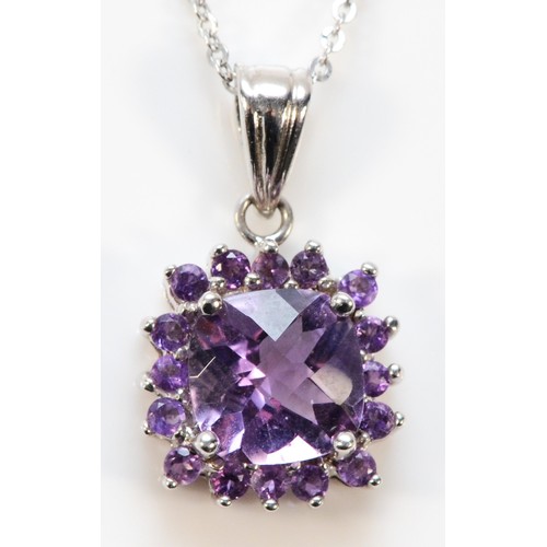 625 - A 9ct white gold faceted amethyst cluster pendant with chain, 8mm x 8mm main amethyst, 3g