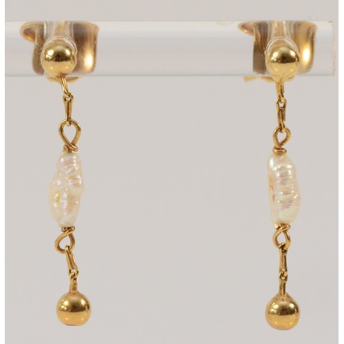 626 - A pair of 9ct gold rice pearl drop earrings with scroll backs, 23mm total drop, 1.3g