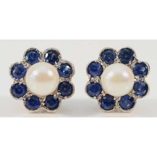 630 - A pair of 18ct white gold sapphire and cultured pearl cluster earrings with 9ct white gold scroll ba... 